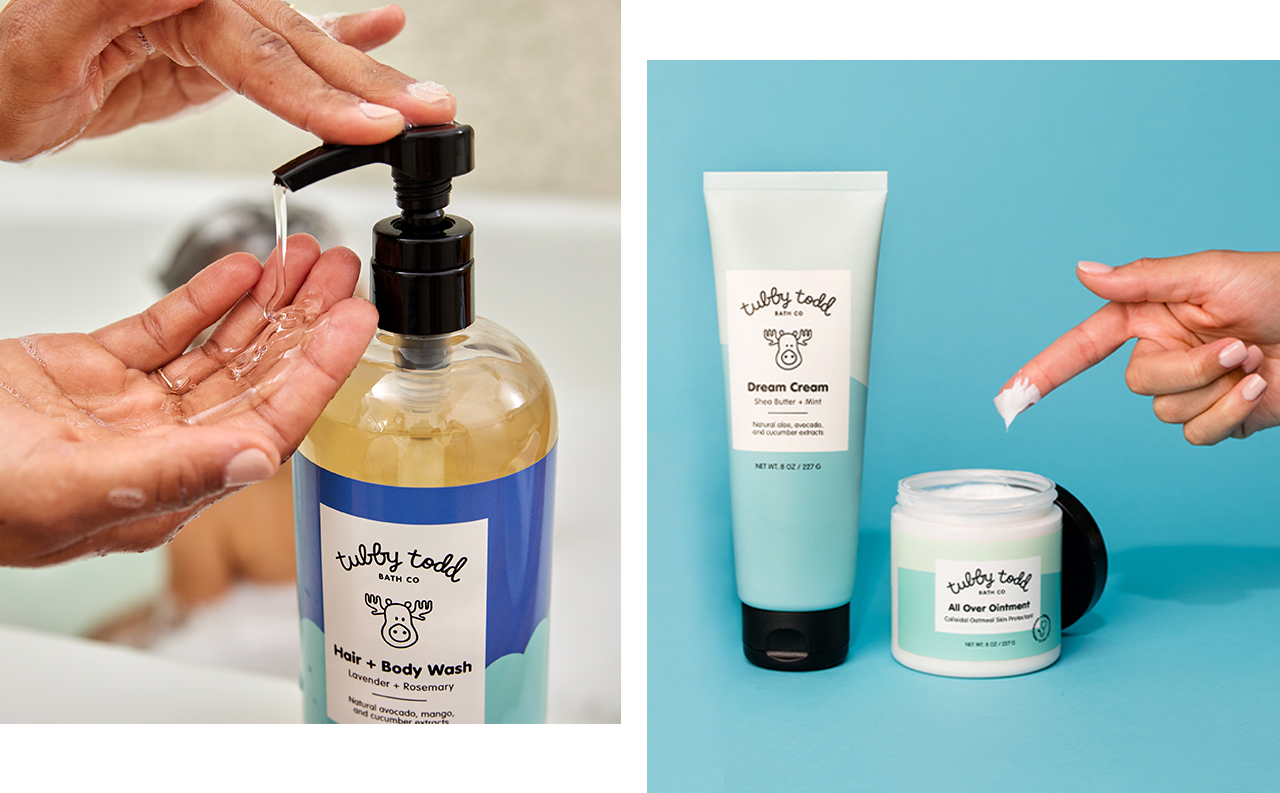 hands pumping hair + body wash on the left image while on the right image, a finger is scooping out of all over ointment next to dream cream